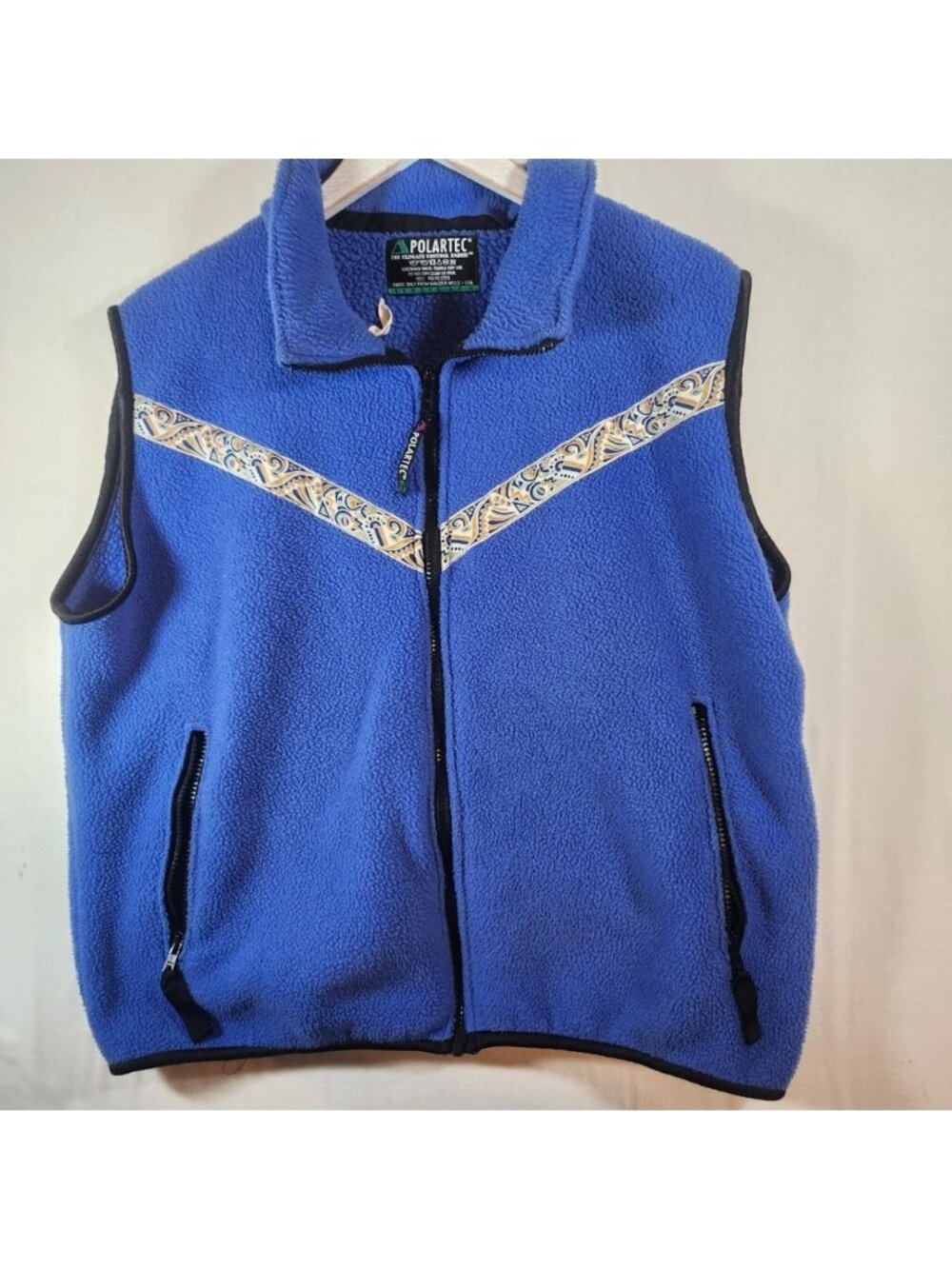 Vintage Polartec Series 200 Fleece Vest Blue Patterned Trim Full Zip Mens XL